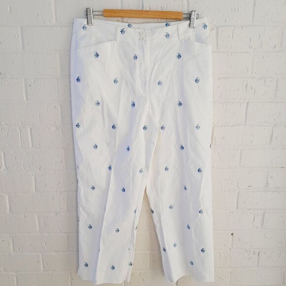 CHARTER CLUB Allison Fit Cropped Stretch Pants Fish Embroidery Resort Wear sz:10 - Picture 1 of 9